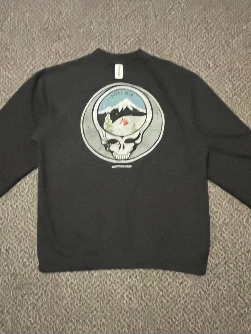 Grateful Dead Black Crewneck Sweater with Burke Mountain Scenic Skull Graphic